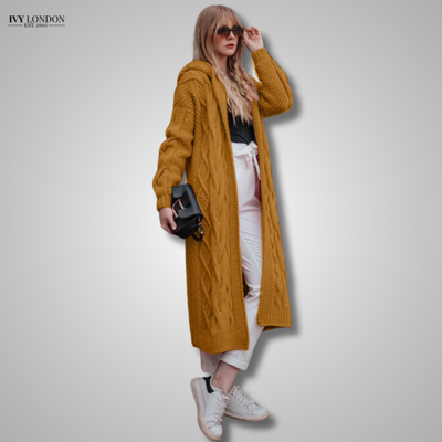 ATASHA | LUXE HOODED LONG LOOSE CABLE KNIT CARDIGAN WITH TUMMY COVERAGE