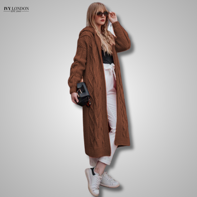 ATASHA | LUXE HOODED LONG LOOSE CABLE KNIT CARDIGAN WITH TUMMY COVERAGE