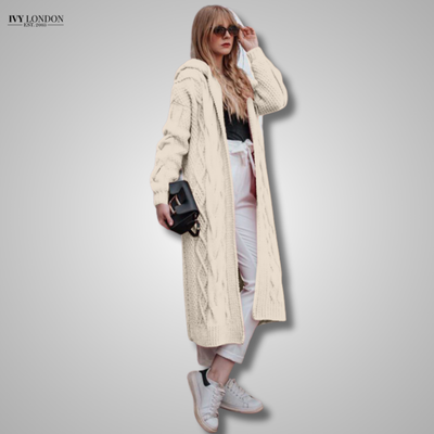 ATASHA | LUXE HOODED LONG LOOSE CABLE KNIT CARDIGAN WITH TUMMY COVERAGE